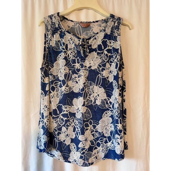 SJS Tops - SJS Blue White Floral Sleeveless Stretch Blouse - 1X